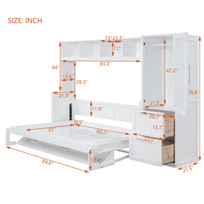 Queen Size Murphy Bed Wall Bed with Closet and Drawers,White - DREAM YOUR HOUSE