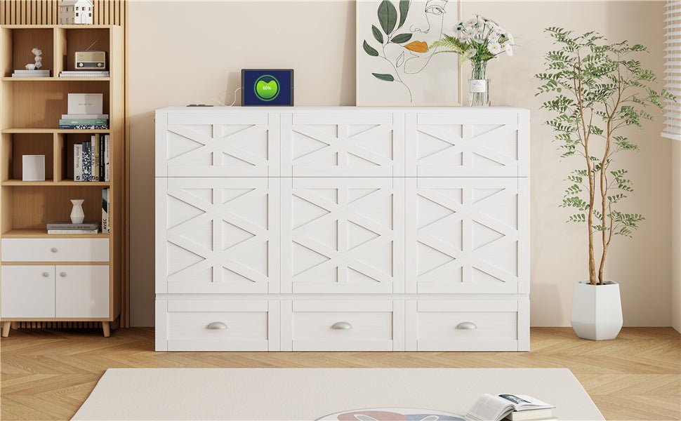 Queen Size Murphy Bed with Large Drawers,Brushed White - DREAM YOUR HOUSE