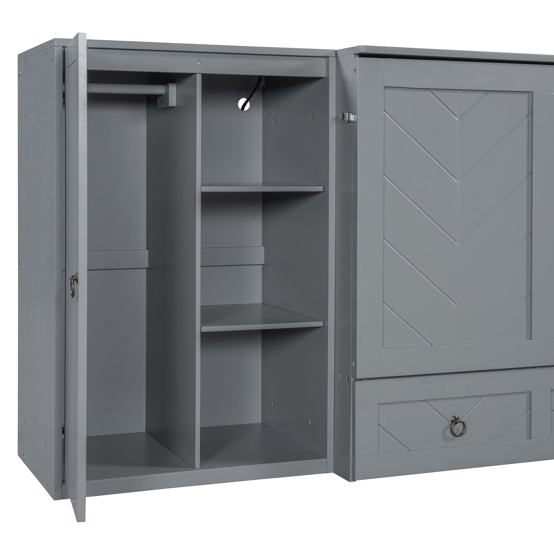 Queen Size Murphy Bed with USB Port, Little Wardrobes and Drawers, Gray - DREAM YOUR HOUSE