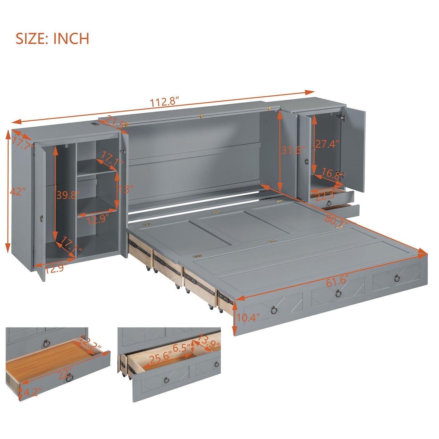 Queen Size Murphy Bed with USB Port, Little Wardrobes and Drawers, Gray - DREAM YOUR HOUSE