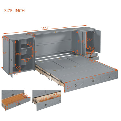 Queen Size Murphy Bed with USB Port, Little Wardrobes and Drawers, Gray - DREAM YOUR HOUSE