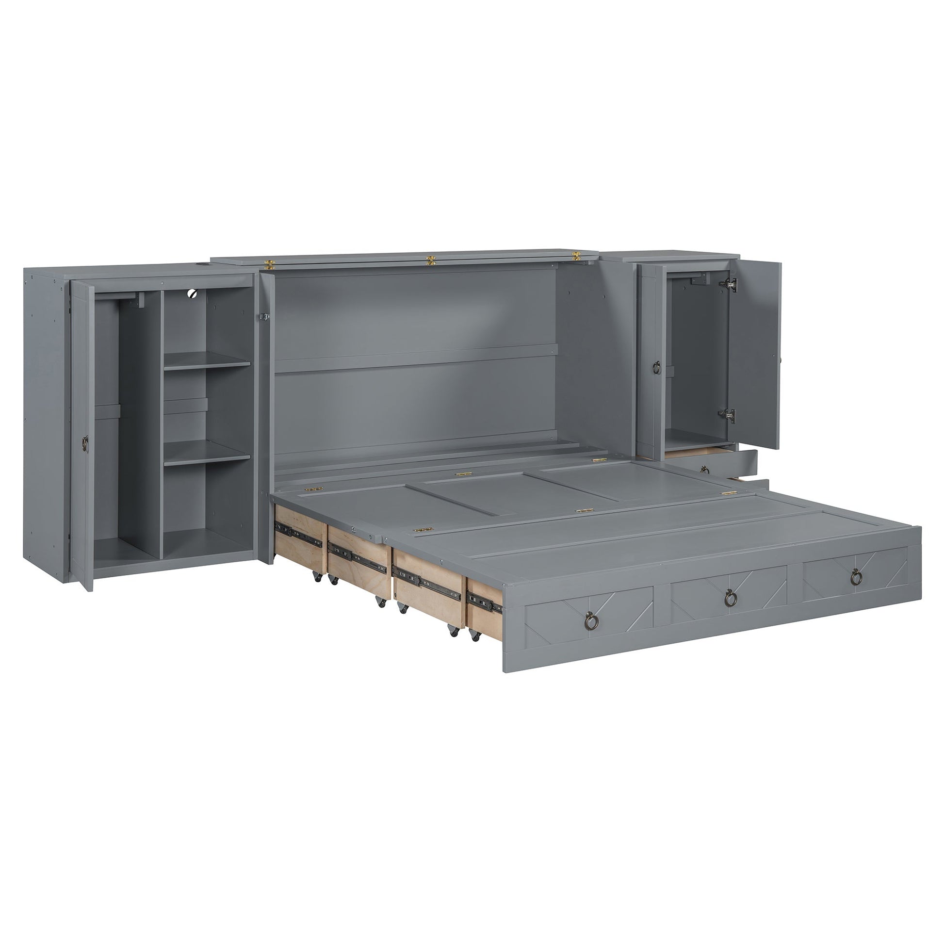 Queen Size Murphy Bed with USB Port, Little Wardrobes and Drawers, Gray - DREAM YOUR HOUSE