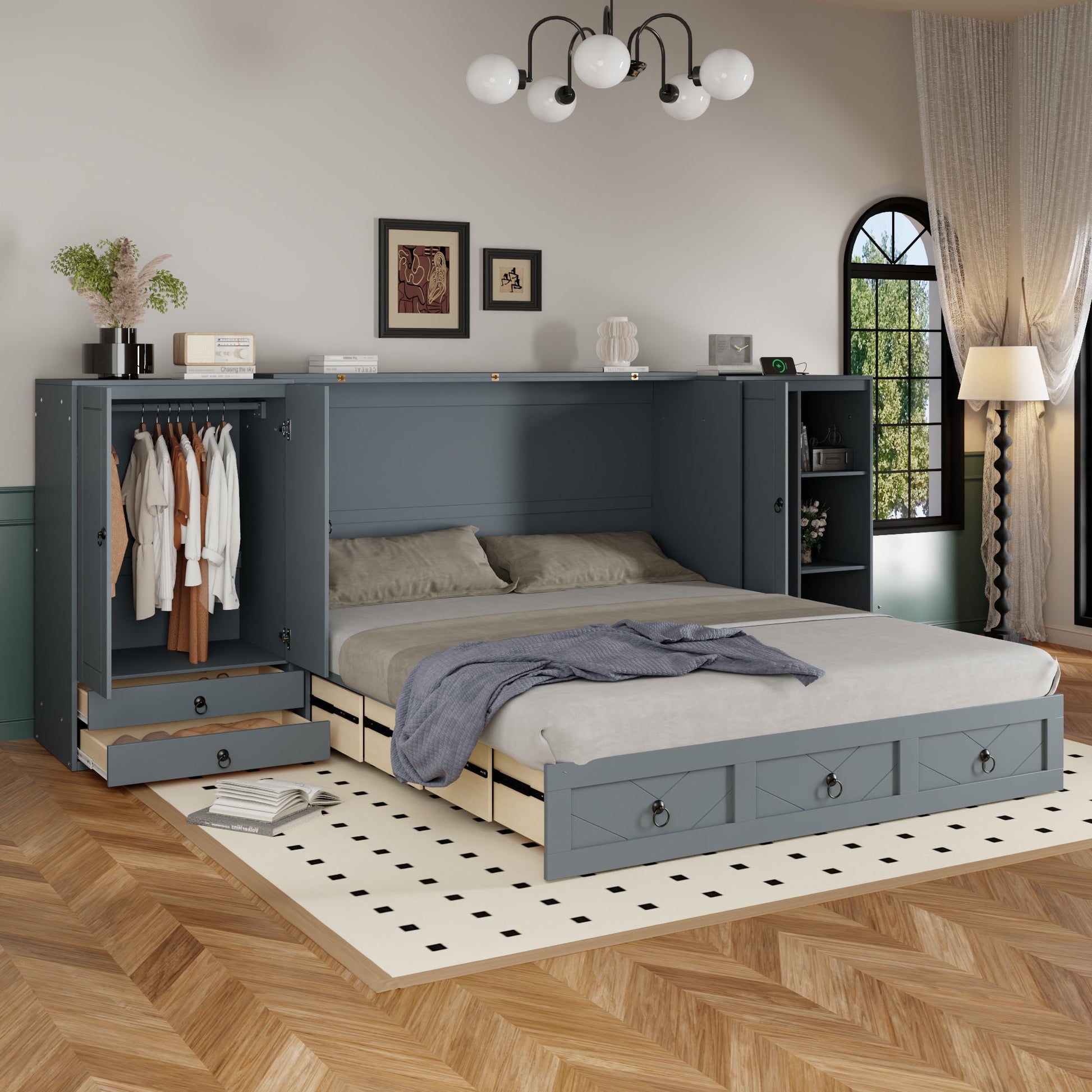 Queen Size Murphy Bed with USB Port, Little Wardrobes and Drawers, Gray - DREAM YOUR HOUSE