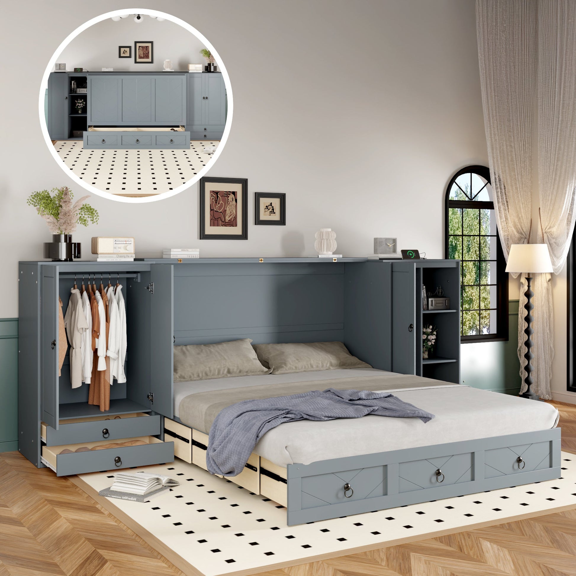 Queen Size Murphy Bed with USB Port, Little Wardrobes and Drawers, Gray - DREAM YOUR HOUSE