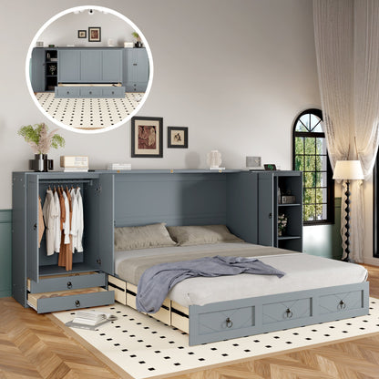 Queen Size Murphy Bed with USB Port, Little Wardrobes and Drawers, Gray - DREAM YOUR HOUSE