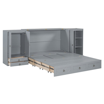 Queen Size Murphy Bed with USB Port, Little Wardrobes and Drawers, Gray - DREAM YOUR HOUSE