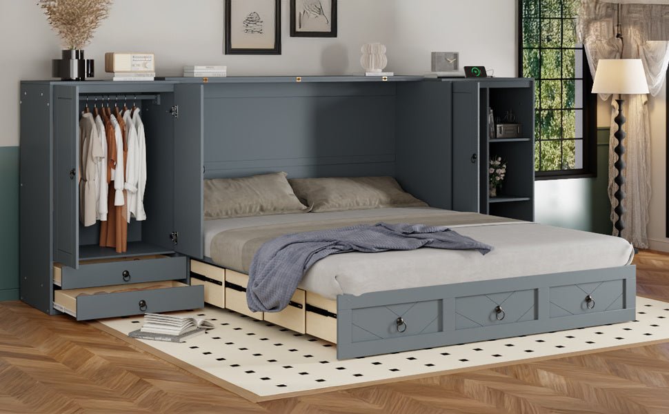 Queen Size Murphy Bed with USB Port, Little Wardrobes and Drawers, Gray - DREAM YOUR HOUSE