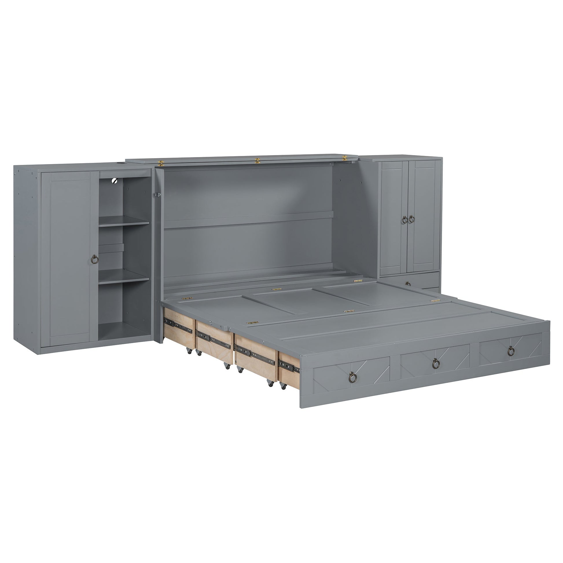 Queen Size Murphy Bed with USB Port, Little Wardrobes and Drawers, Gray - DREAM YOUR HOUSE