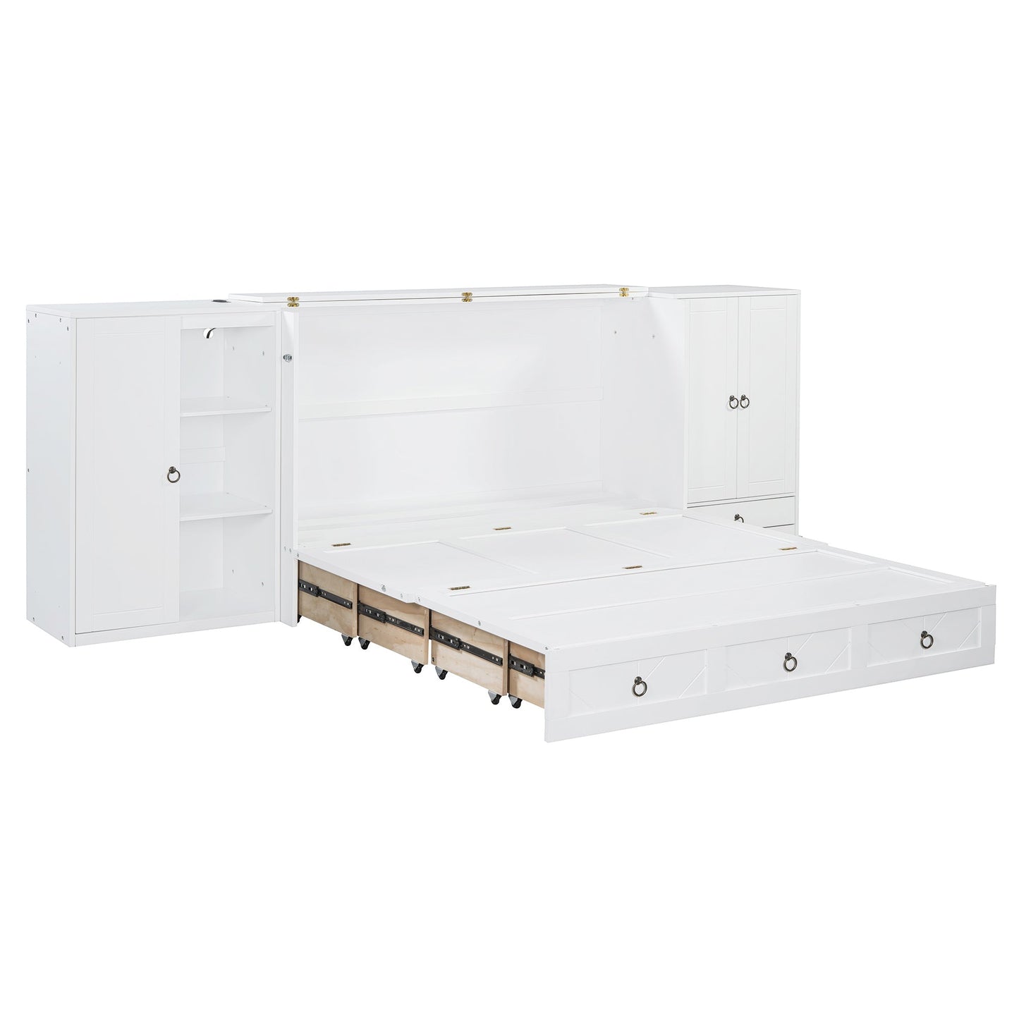 Queen Size Murphy Bed with USB Port, Little Wardrobes and Drawers, White - DREAM YOUR HOUSE