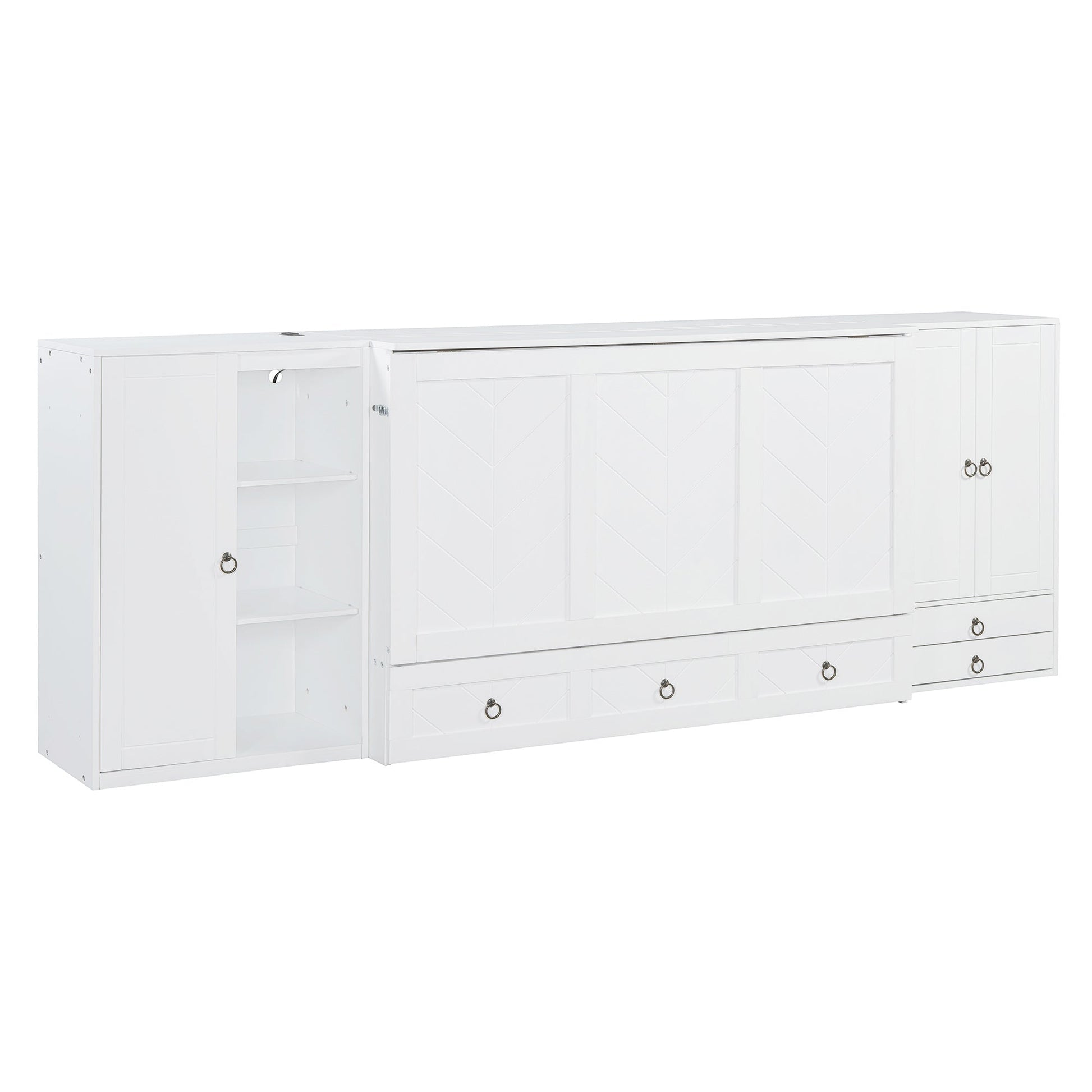 Queen Size Murphy Bed with USB Port, Little Wardrobes and Drawers, White - DREAM YOUR HOUSE