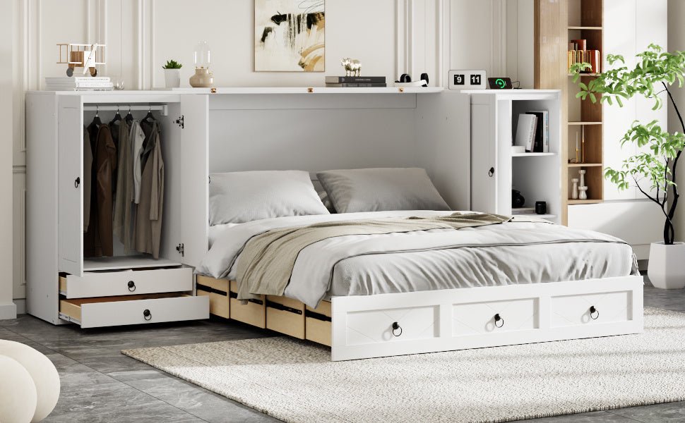 Queen Size Murphy Bed with USB Port, Little Wardrobes and Drawers, White - DREAM YOUR HOUSE