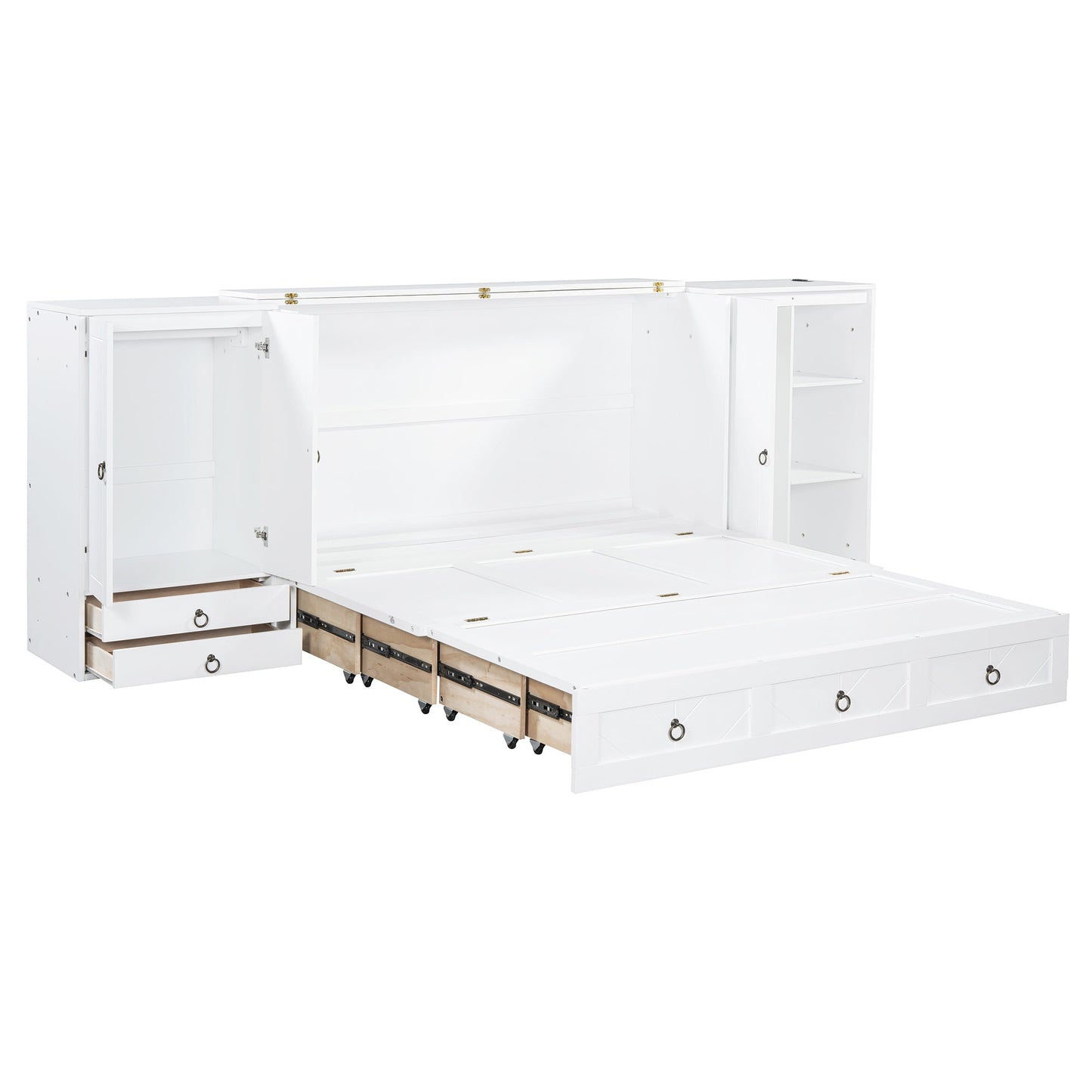 Queen Size Murphy Bed with USB Port, Little Wardrobes and Drawers, White - DREAM YOUR HOUSE