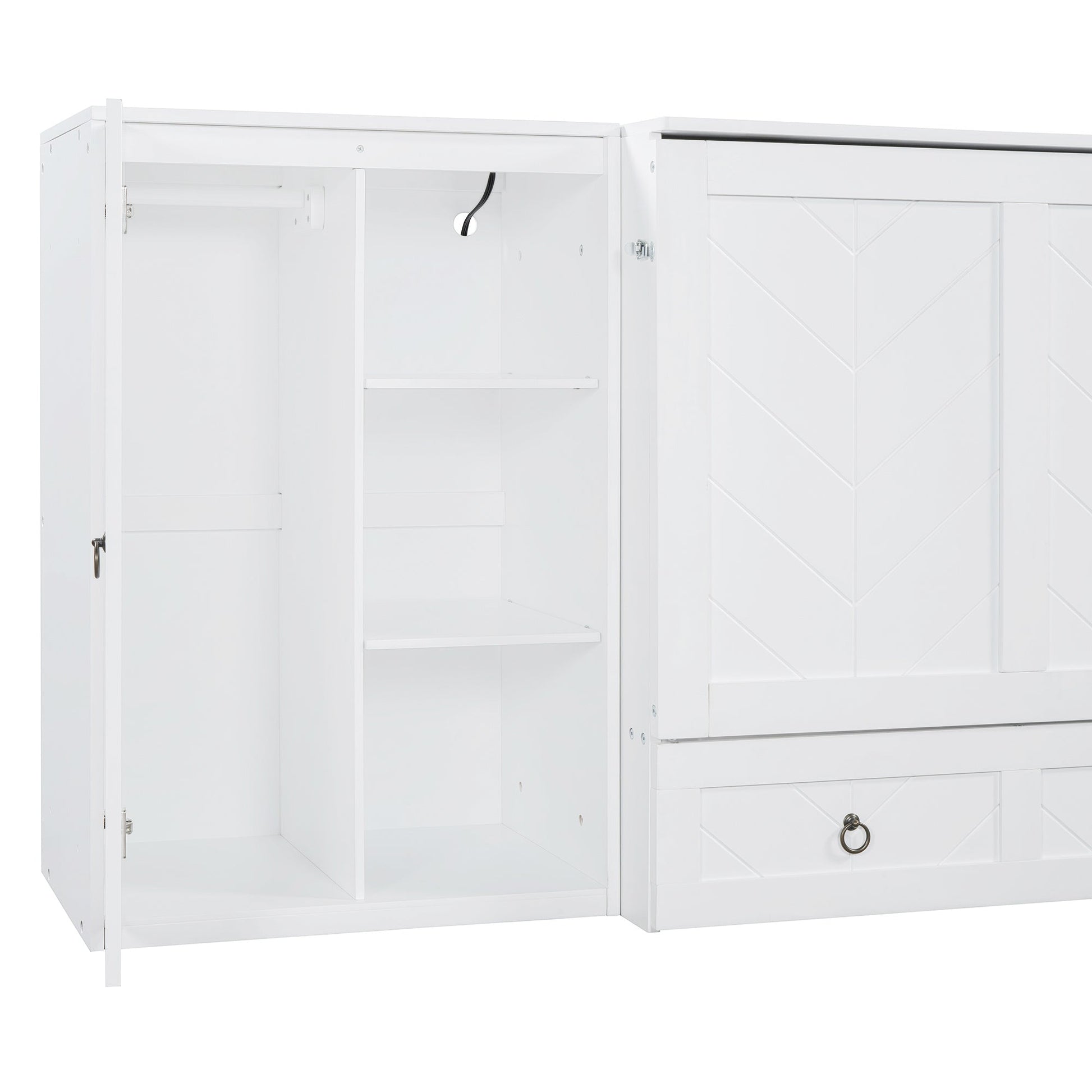 Queen Size Murphy Bed with USB Port, Little Wardrobes and Drawers, White - DREAM YOUR HOUSE