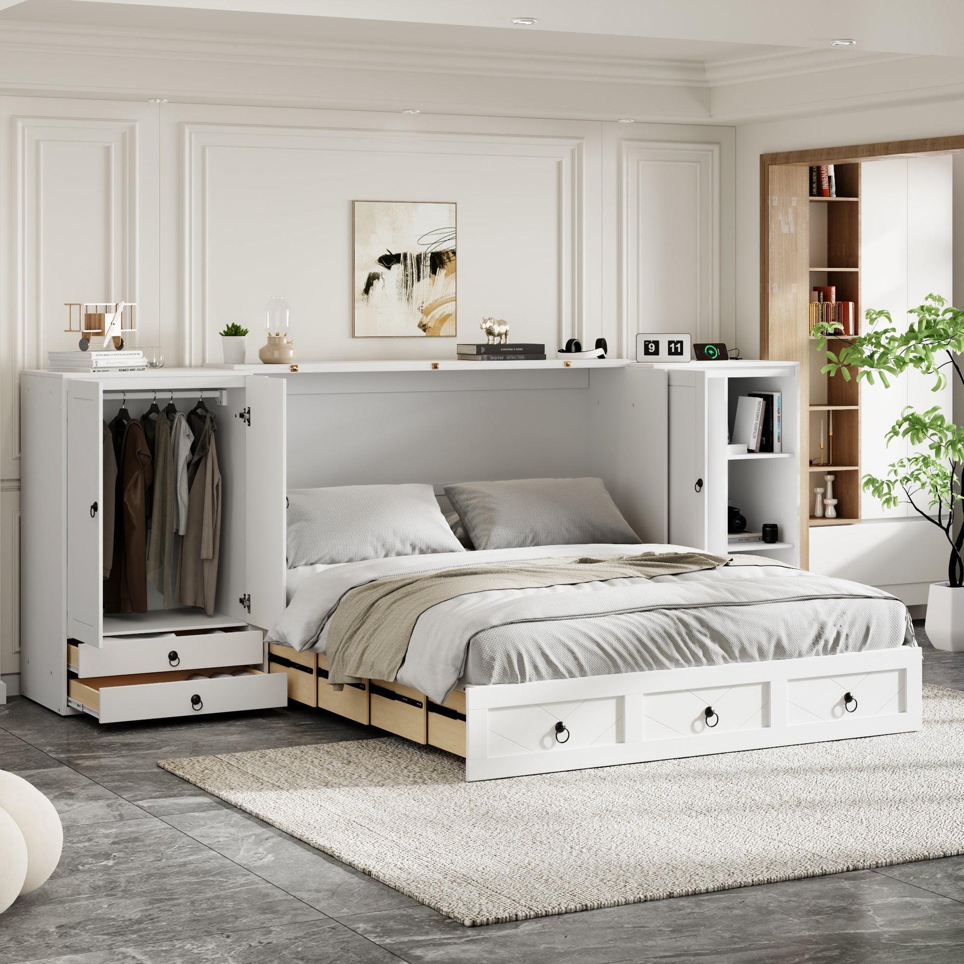 Queen Size Murphy Bed with USB Port, Little Wardrobes and Drawers, White - DREAM YOUR HOUSE