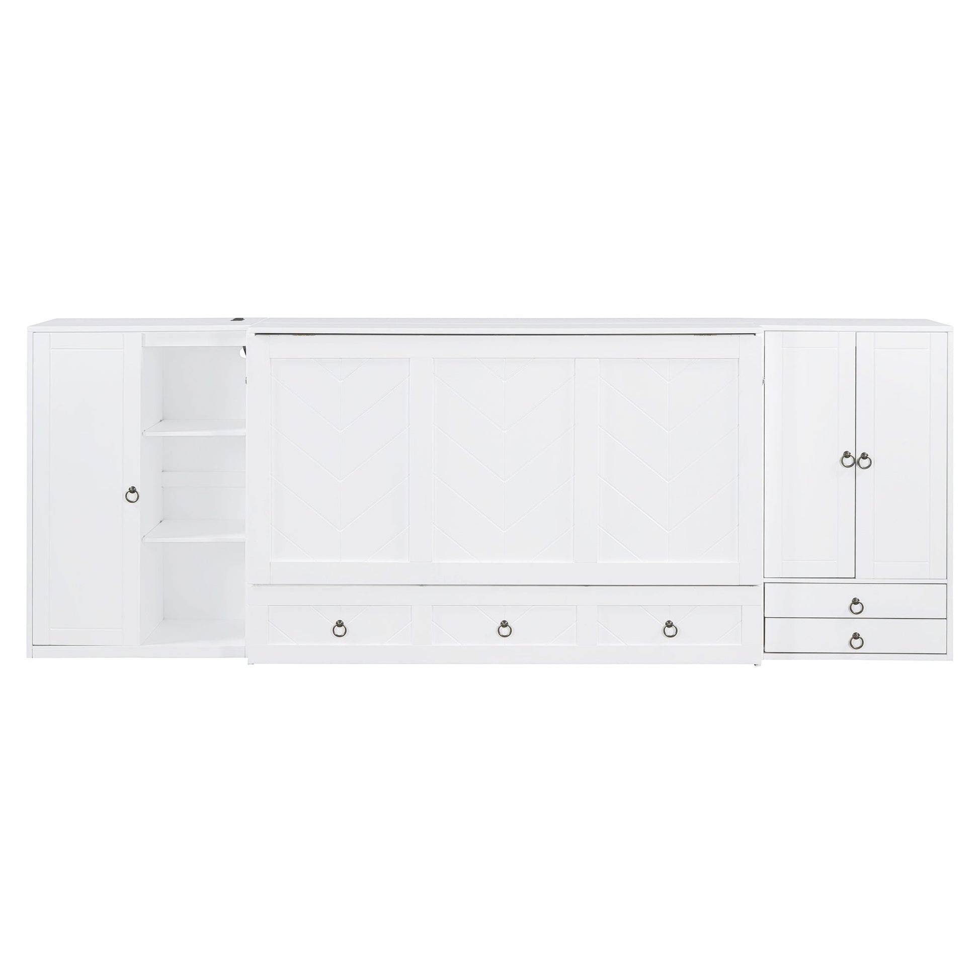 Queen Size Murphy Bed with USB Port, Little Wardrobes and Drawers, White - DREAM YOUR HOUSE