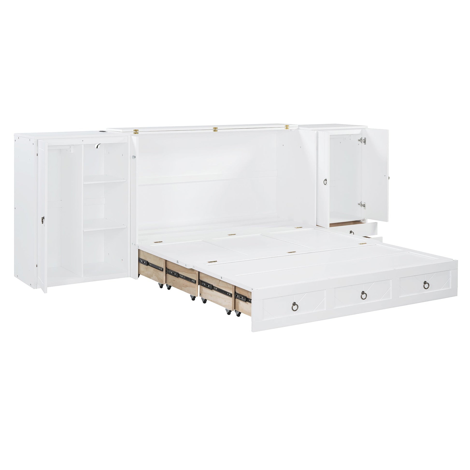 Queen Size Murphy Bed with USB Port, Little Wardrobes and Drawers, White - DREAM YOUR HOUSE