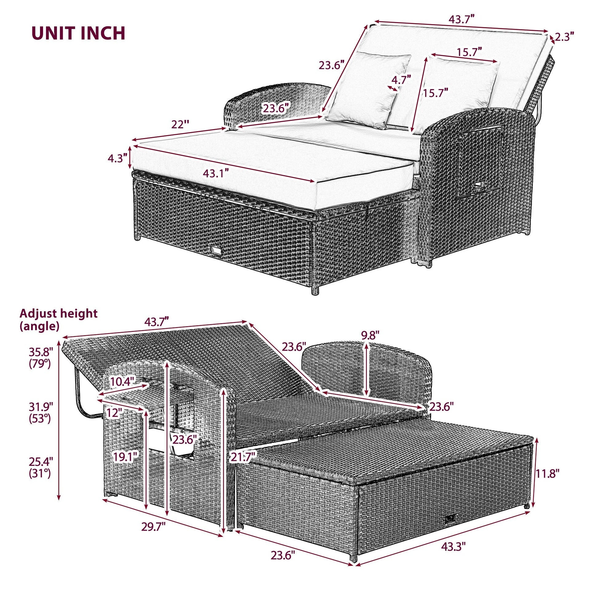 Rattan Double Chaise Lounge, Reclining Daybed With Adjustable Back and Cushions - DREAM YOUR HOUSE