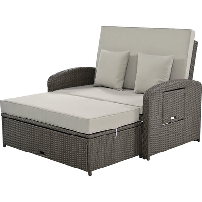 Rattan Double Chaise Lounge, Reclining Daybed With Adjustable Back and Cushions - DREAM YOUR HOUSE