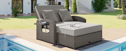 Rattan Double Chaise Lounge, Reclining Daybed With Adjustable Back and Cushions - DREAM YOUR HOUSE