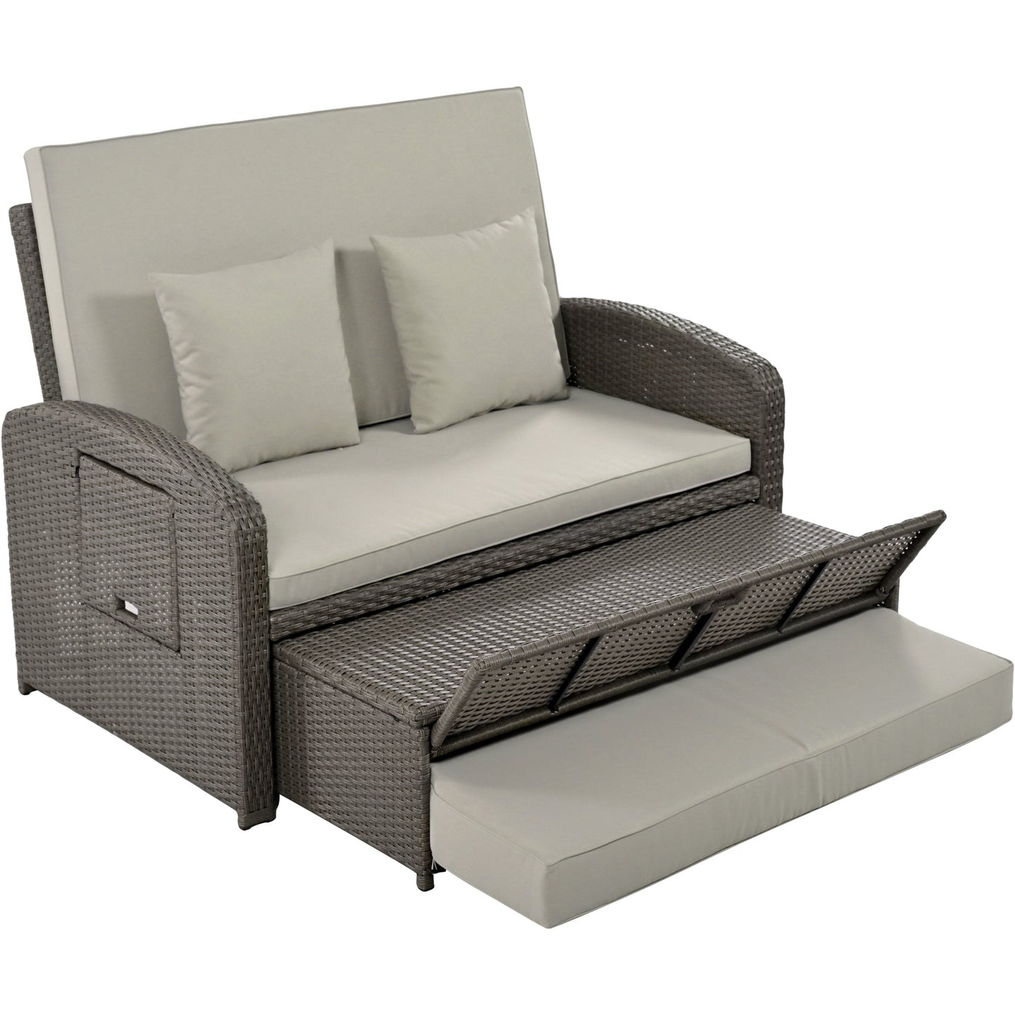 Rattan Double Chaise Lounge, Reclining Daybed With Adjustable Back and Cushions - DREAM YOUR HOUSE