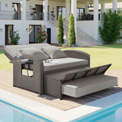 Rattan Double Chaise Lounge, Reclining Daybed With Adjustable Back and Cushions - DREAM YOUR HOUSE