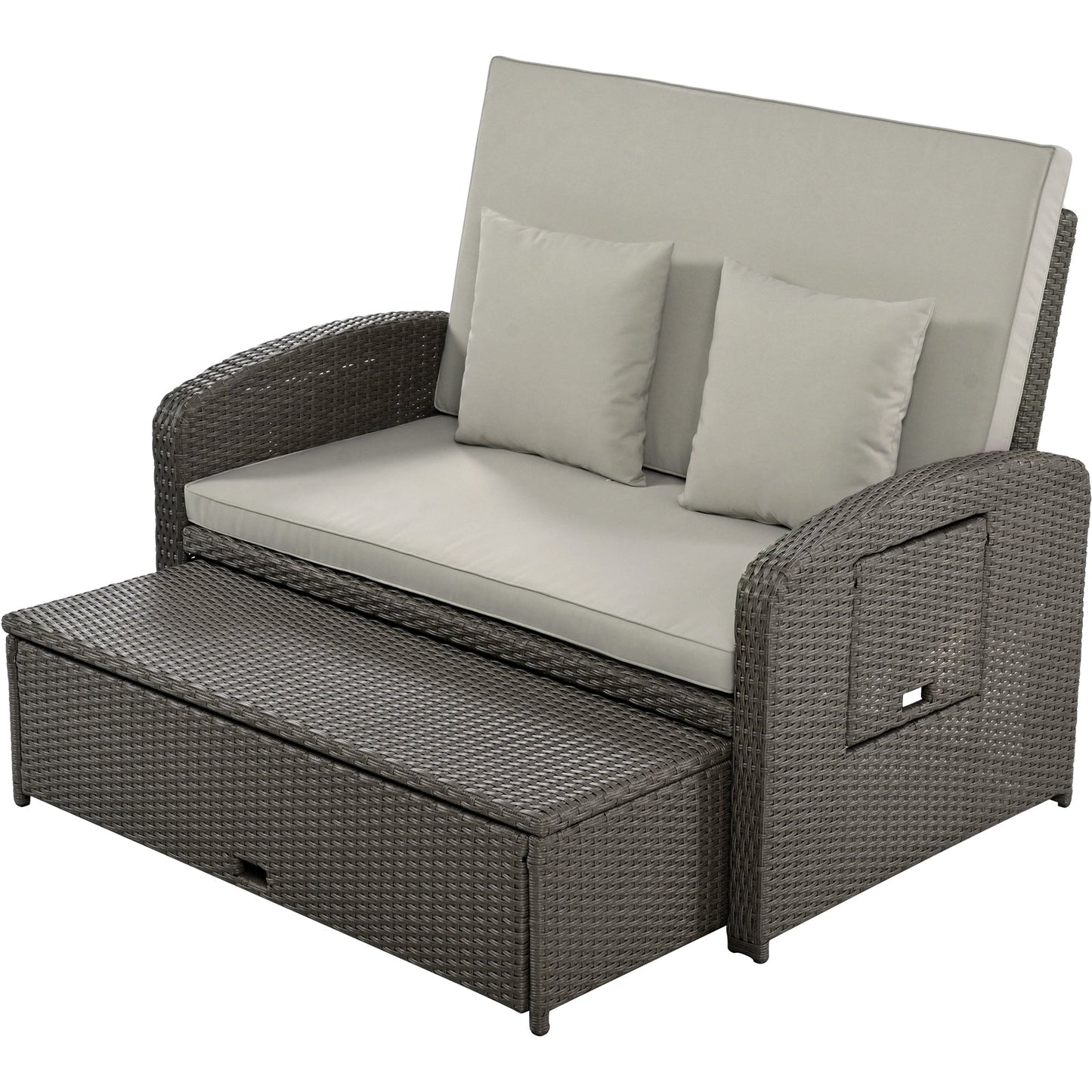 Rattan Double Chaise Lounge, Reclining Daybed With Adjustable Back and Cushions - DREAM YOUR HOUSE