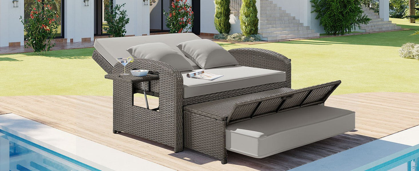 Rattan Double Chaise Lounge, Reclining Daybed With Adjustable Back and Cushions - DREAM YOUR HOUSE