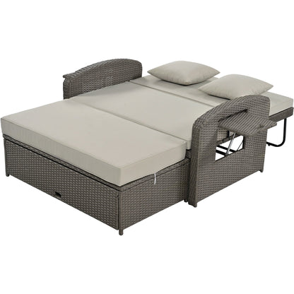 Rattan Double Chaise Lounge, Reclining Daybed With Adjustable Back and Cushions - DREAM YOUR HOUSE