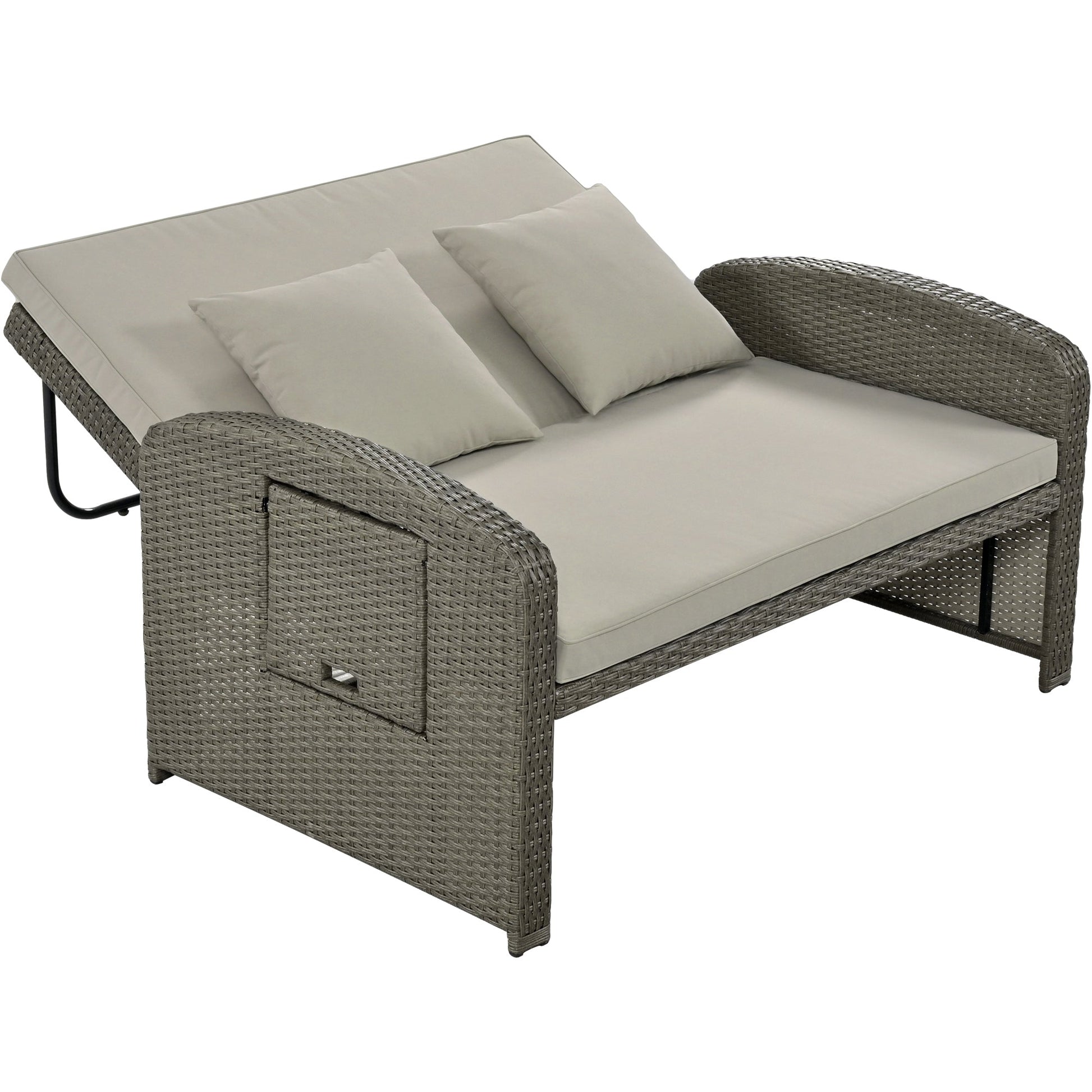 Rattan Double Chaise Lounge, Reclining Daybed With Adjustable Back and Cushions - DREAM YOUR HOUSE