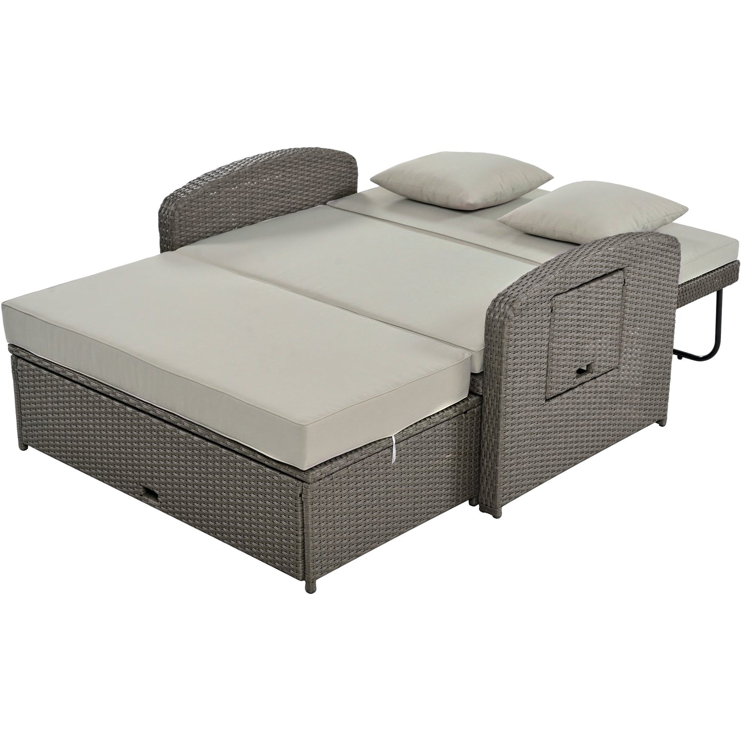 Rattan Double Chaise Lounge, Reclining Daybed With Adjustable Back and Cushions - DREAM YOUR HOUSE