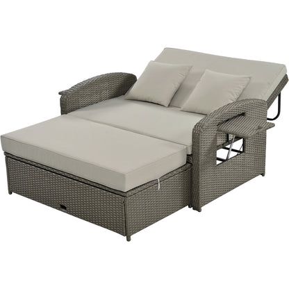 Rattan Double Chaise Lounge, Reclining Daybed With Adjustable Back and Cushions - DREAM YOUR HOUSE