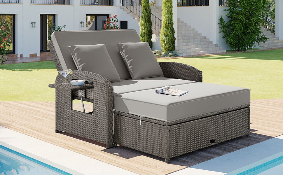 Rattan Double Chaise Lounge, Reclining Daybed With Adjustable Back and Cushions - DREAM YOUR HOUSE