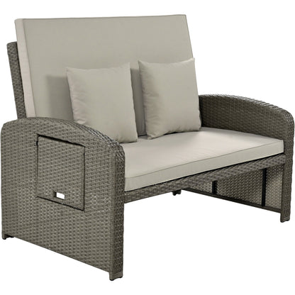 Rattan Double Chaise Lounge, Reclining Daybed With Adjustable Back and Cushions - DREAM YOUR HOUSE