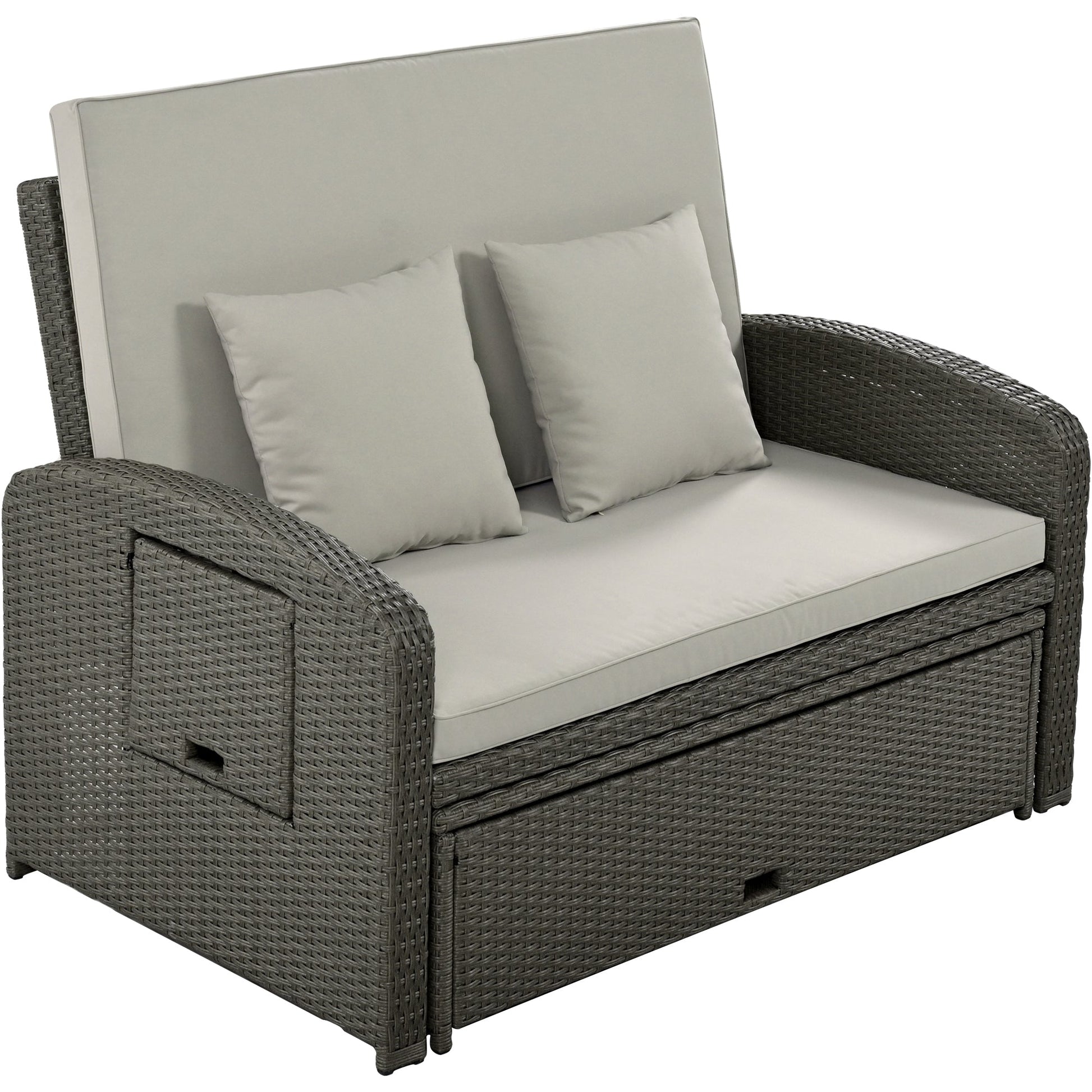 Rattan Double Chaise Lounge, Reclining Daybed With Adjustable Back and Cushions - DREAM YOUR HOUSE