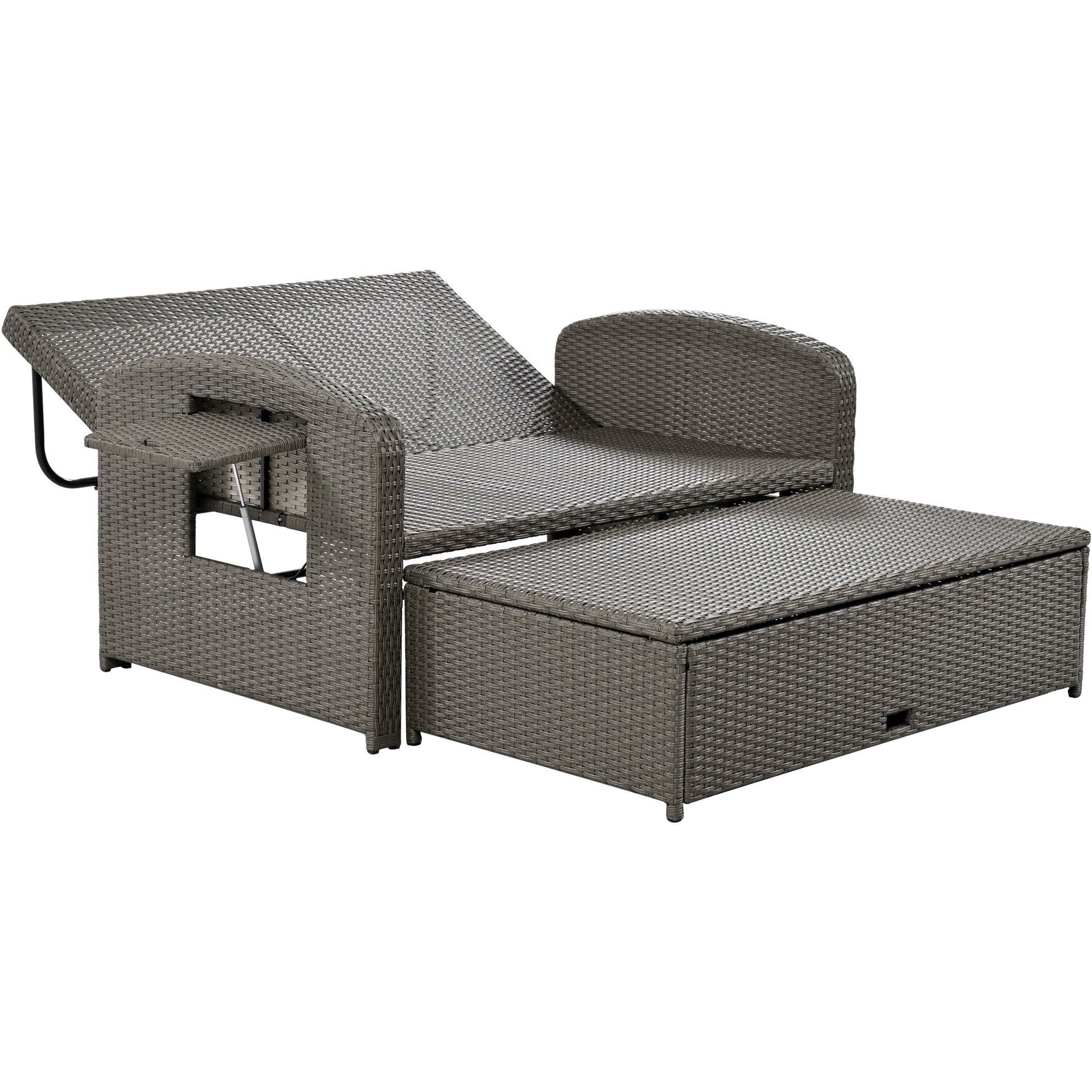 Rattan Double Chaise Lounge, Reclining Daybed With Adjustable Back and Cushions - DREAM YOUR HOUSE