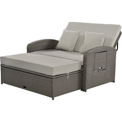 Rattan Double Chaise Lounge, Reclining Daybed With Adjustable Back and Cushions - DREAM YOUR HOUSE