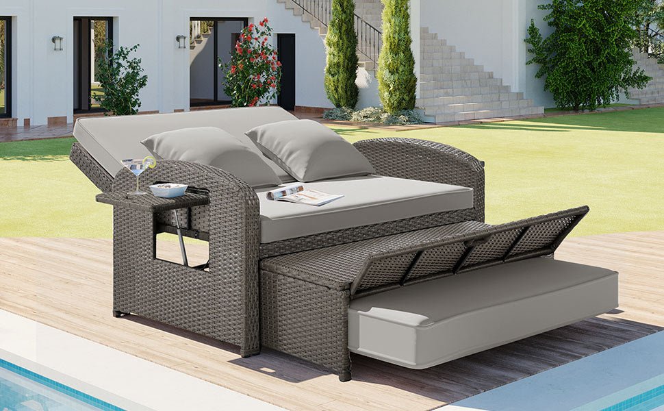 Rattan Double Chaise Lounge, Reclining Daybed With Adjustable Back and Cushions - DREAM YOUR HOUSE