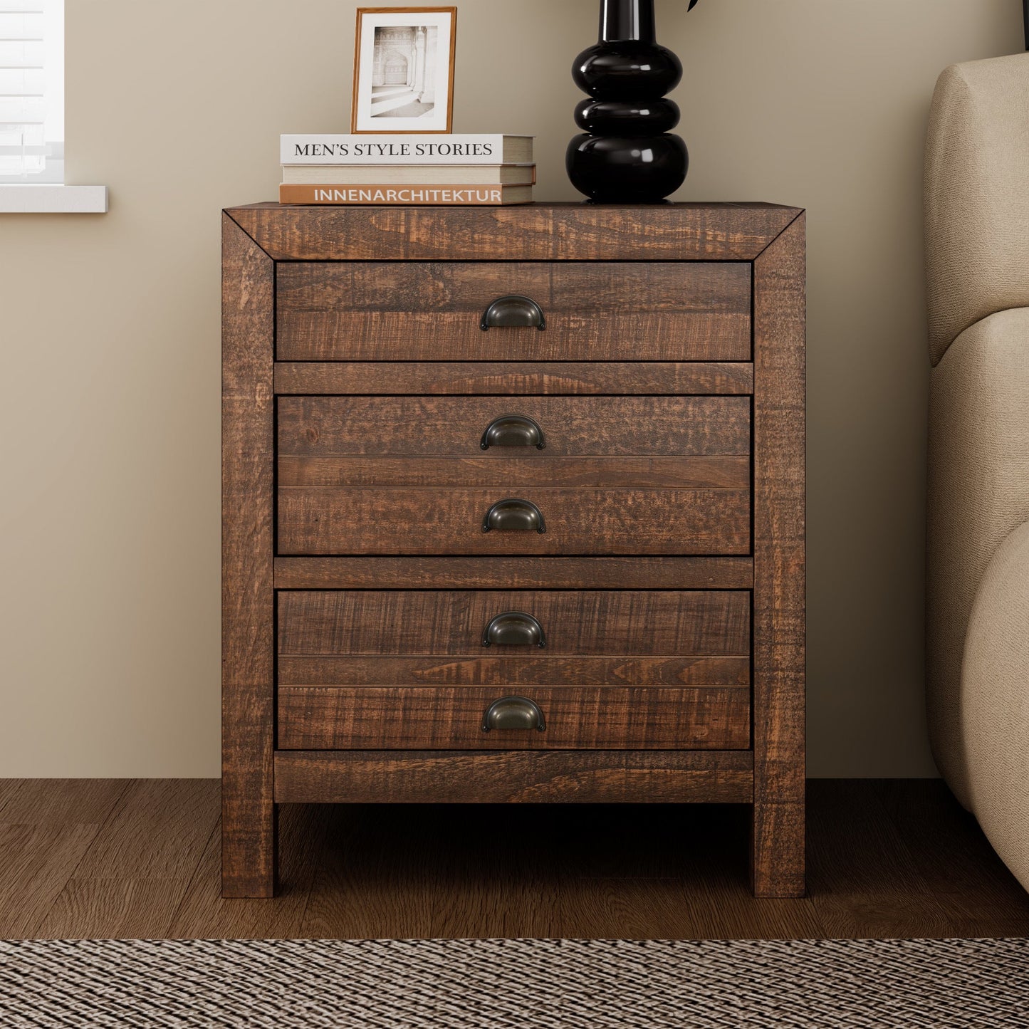 Rustic Farmhouse Style Three - Drawer Solid Pine Wood Nightstand with Cup Pulls and Integrated Charge Station - DREAM YOUR HOUSE