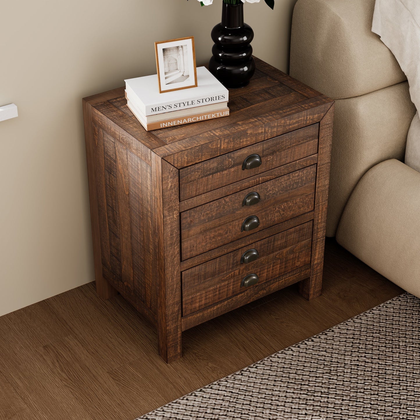 Rustic Farmhouse Style Three - Drawer Solid Pine Wood Nightstand with Cup Pulls and Integrated Charge Station - DREAM YOUR HOUSE