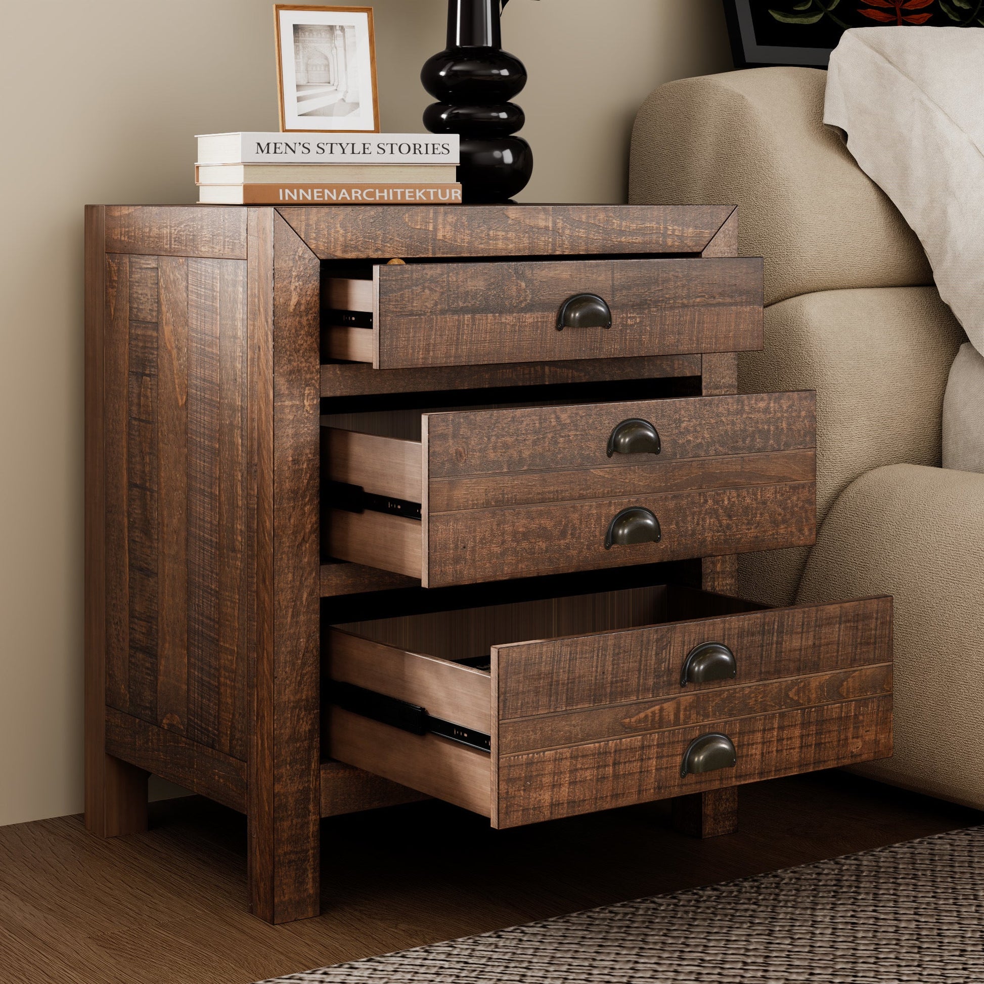 Rustic Farmhouse Style Three - Drawer Solid Pine Wood Nightstand with Cup Pulls and Integrated Charge Station - DREAM YOUR HOUSE