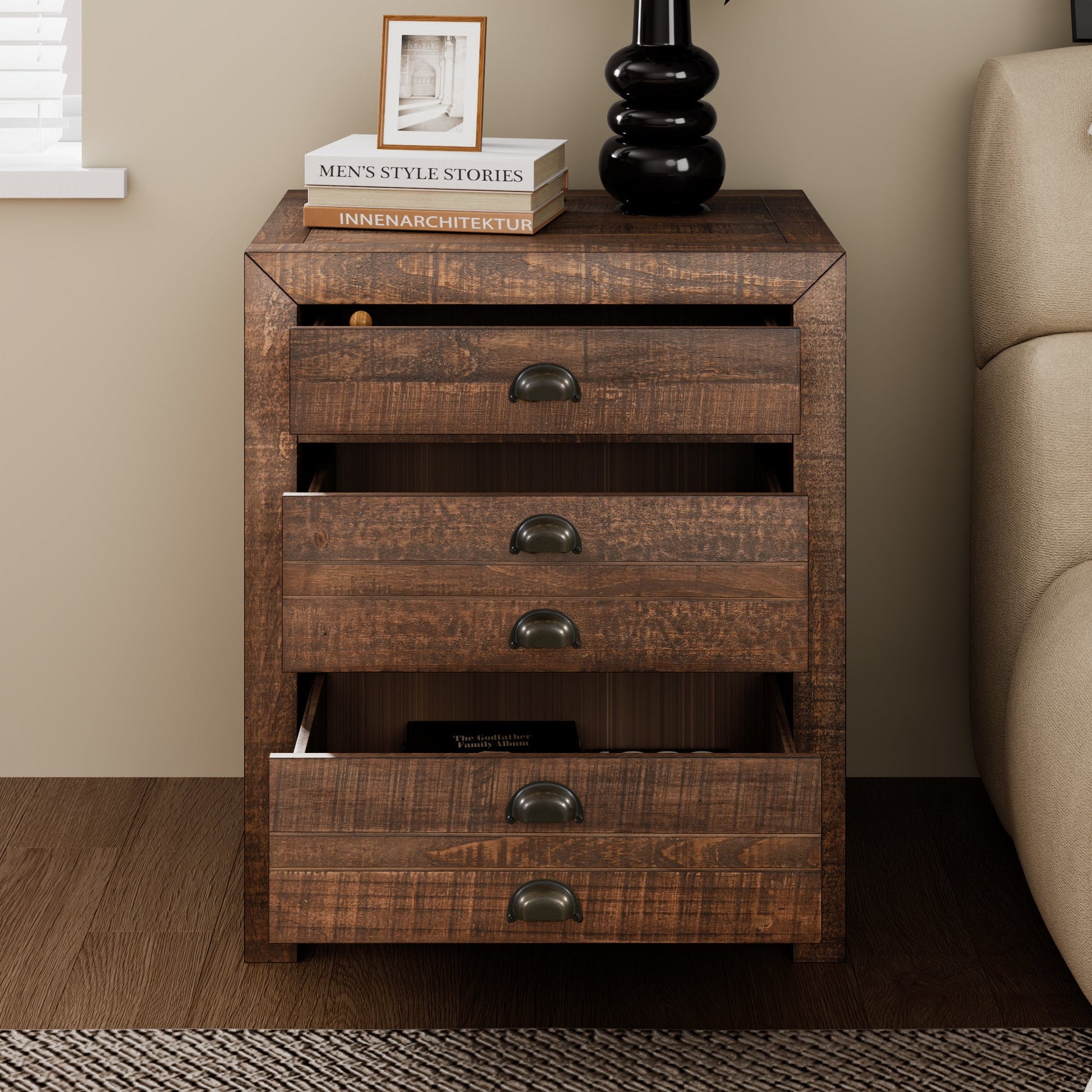 Rustic Farmhouse Style Three - Drawer Solid Pine Wood Nightstand with Cup Pulls and Integrated Charge Station - DREAM YOUR HOUSE