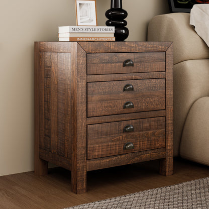 Rustic Farmhouse Style Three - Drawer Solid Pine Wood Nightstand with Cup Pulls and Integrated Charge Station - DREAM YOUR HOUSE