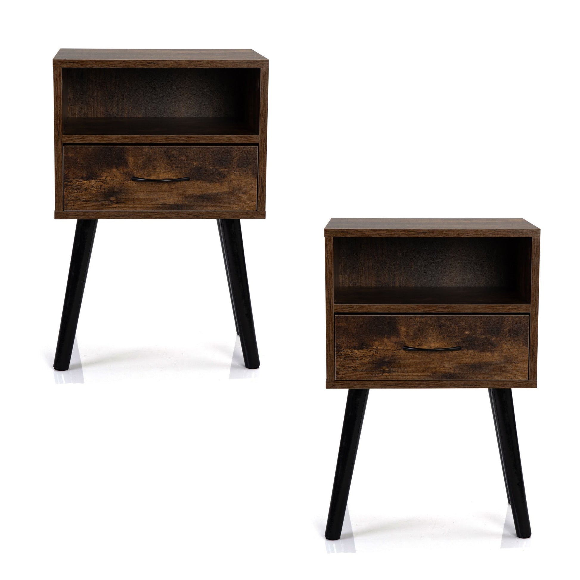 Set of 2 Mid Century Nightstand, Side Table with Drawer and Shelf, End Table for Living Room Bedroom, Rustic Brown - DREAM YOUR HOUSE