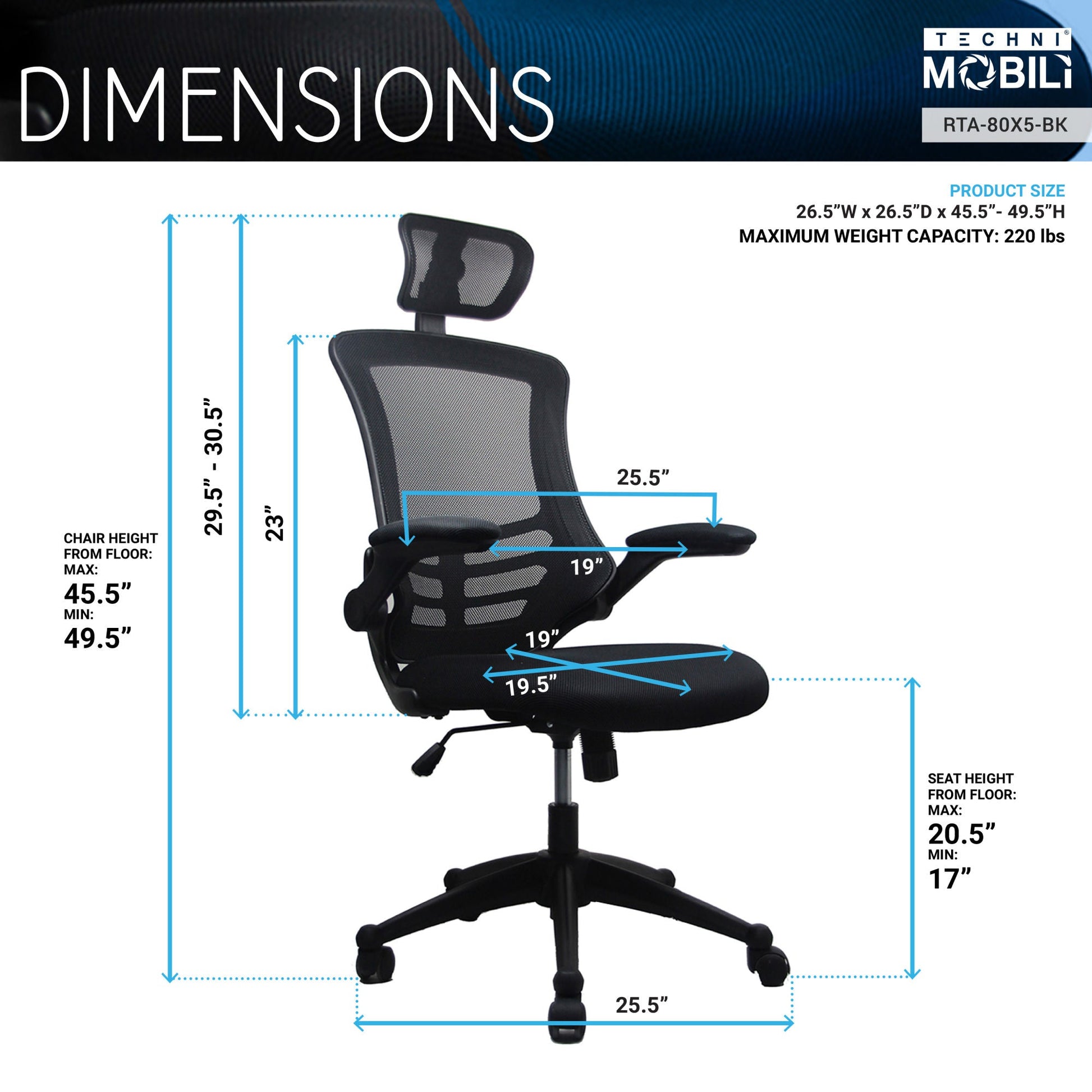 Techni Mobili Modern High - Back Mesh Executive Office Chair with Headrest and Flip - Up Arms, Black - DREAM YOUR HOUSE