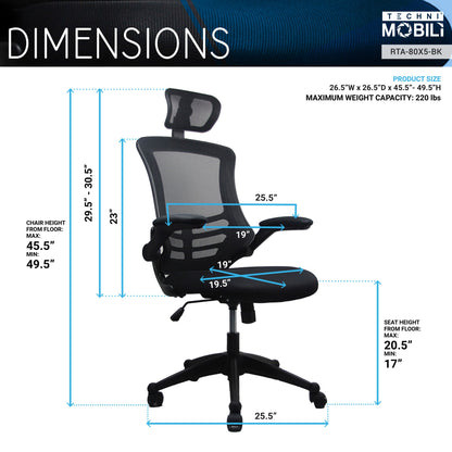 Techni Mobili Modern High - Back Mesh Executive Office Chair with Headrest and Flip - Up Arms, Black - DREAM YOUR HOUSE