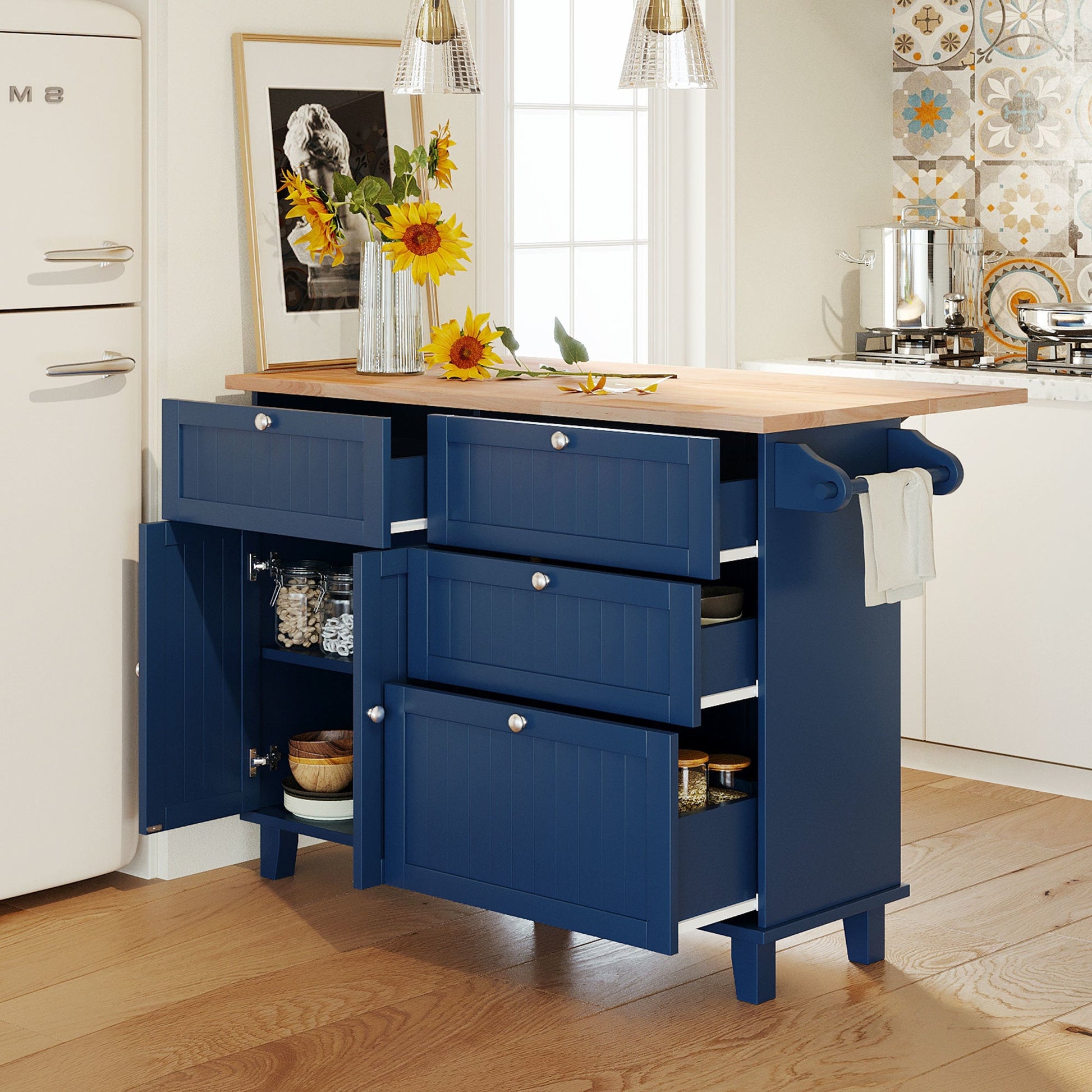 TOPMAX Farmhouse Kitchen Island Set with Drop Leaf and 2 Seatings,Dining Table Set with Storage Cabinet, Drawers and Towel Rack, Blue+Black+Brown - DREAM YOUR HOUSE