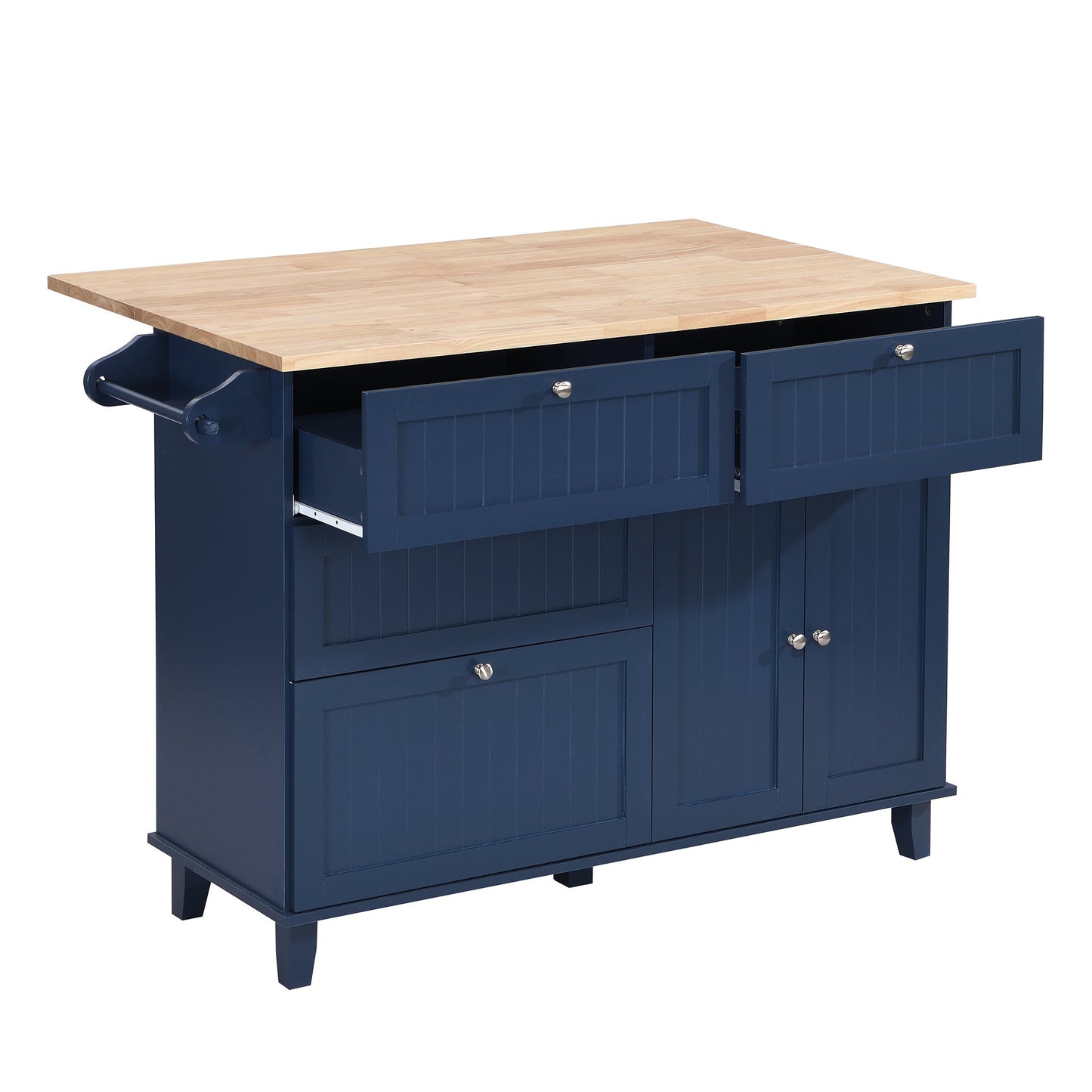 TOPMAX Farmhouse Kitchen Island Set with Drop Leaf and 2 Seatings,Dining Table Set with Storage Cabinet, Drawers and Towel Rack, Blue+Black+Brown - DREAM YOUR HOUSE