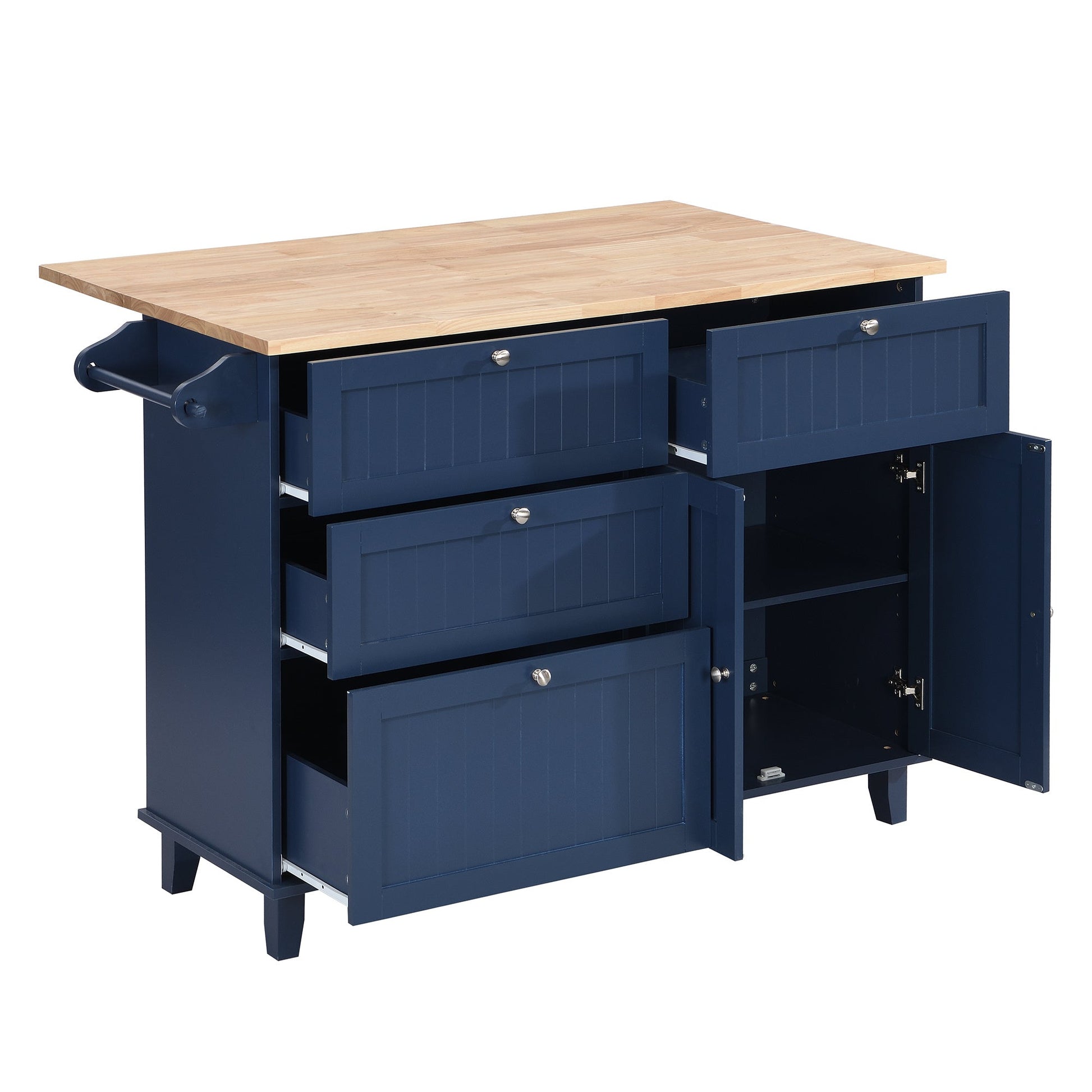 TOPMAX Farmhouse Kitchen Island Set with Drop Leaf and 2 Seatings,Dining Table Set with Storage Cabinet, Drawers and Towel Rack, Blue+Black+Brown - DREAM YOUR HOUSE