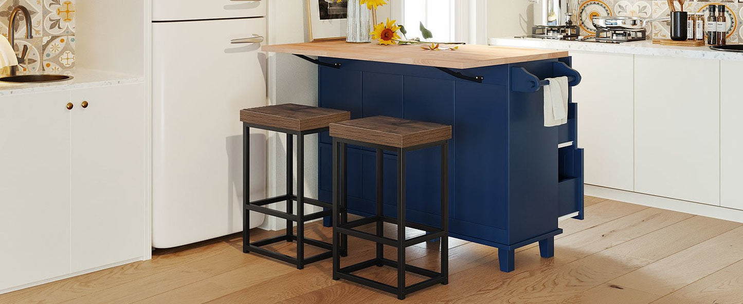 TOPMAX Farmhouse Kitchen Island Set with Drop Leaf and 2 Seatings,Dining Table Set with Storage Cabinet, Drawers and Towel Rack, Blue+Black+Brown - DREAM YOUR HOUSE