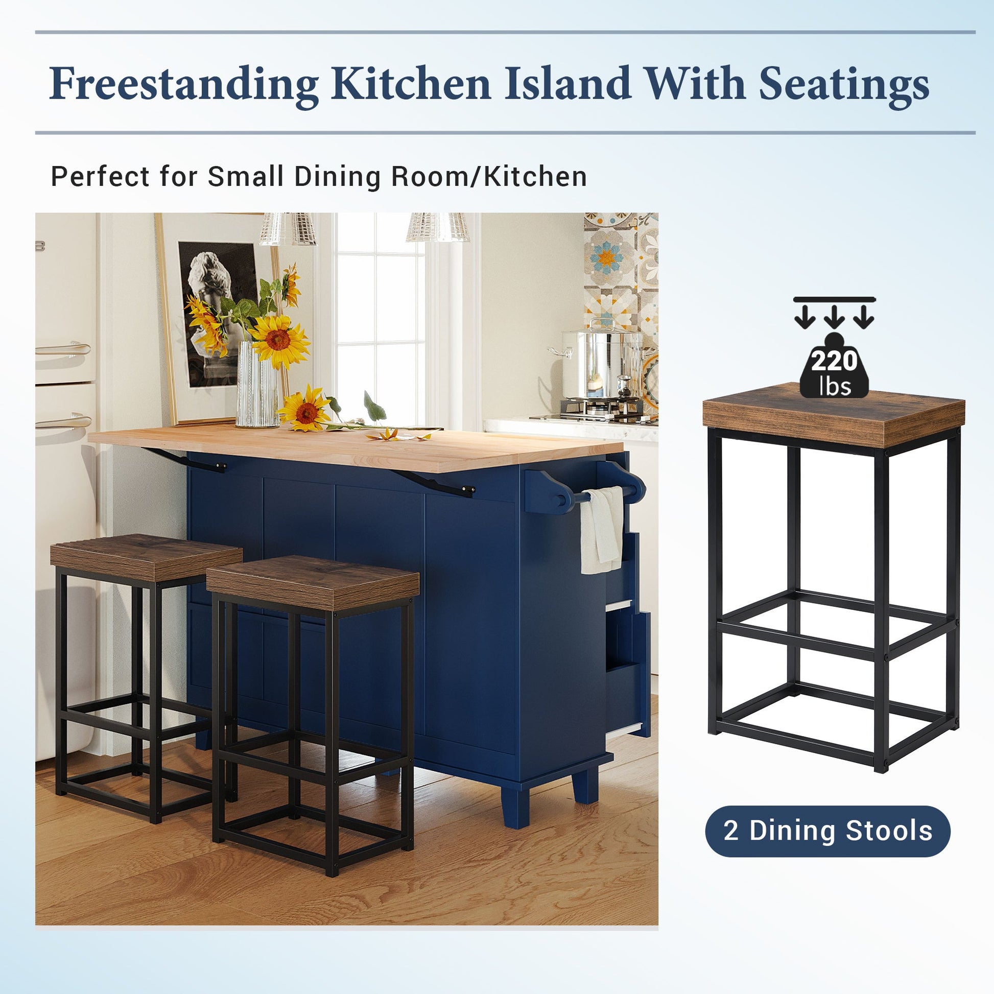 TOPMAX Farmhouse Kitchen Island Set with Drop Leaf and 2 Seatings,Dining Table Set with Storage Cabinet, Drawers and Towel Rack, Blue+Black+Brown - DREAM YOUR HOUSE